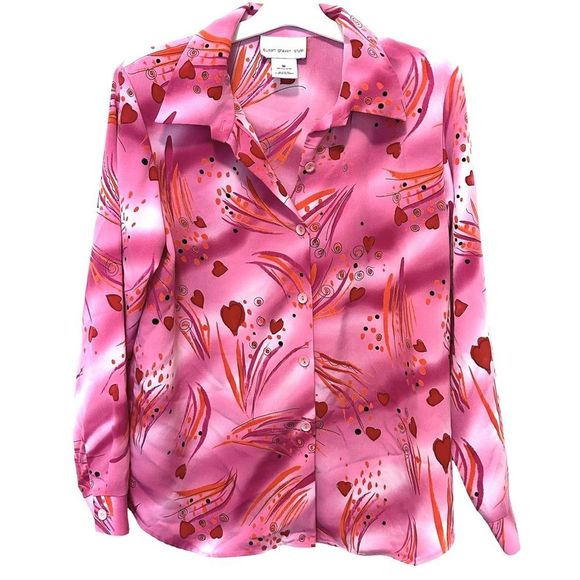 Susan Graver Vintage Button Up Blouse In Pink With Hearts - Picture 3 of 6